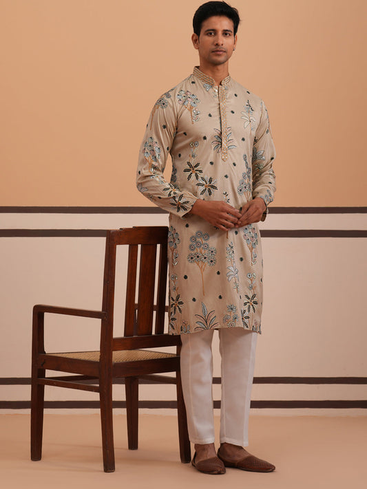 Botanical Embroidered Cotton Blend Kurta Set for Men (65KP P 5344 Beige ) [FF] [Q-4]