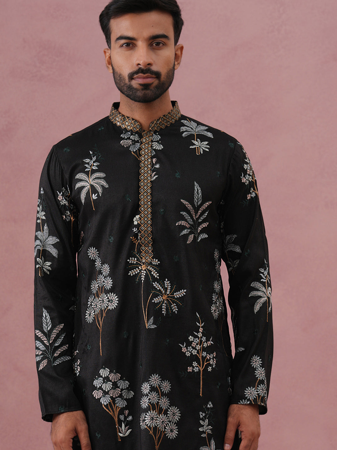 Botanical Embroidered Cotton Blend Kurta Set for Men (65KP P 5344 Black ) [FF] [Q-4]