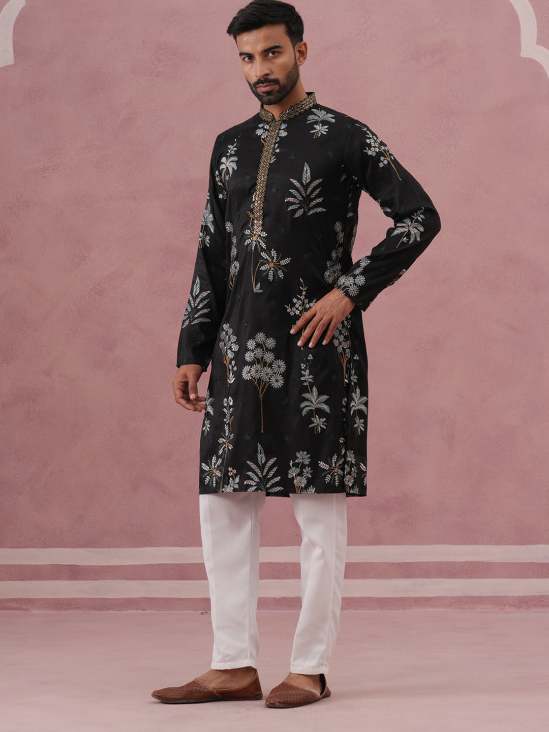 Botanical Embroidered Cotton Blend Kurta Set for Men (65KP P 5344 Black ) [FF] [Q-4]