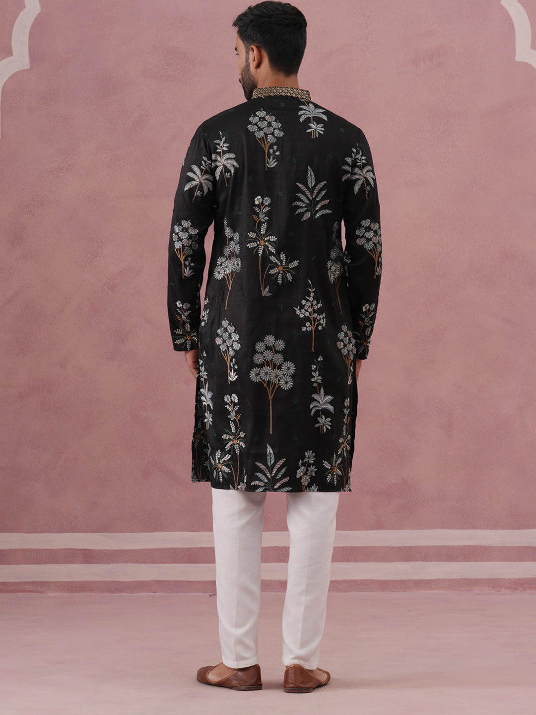Botanical Embroidered Cotton Blend Kurta Set for Men (65KP P 5344 Black ) [FF] [Q-4]