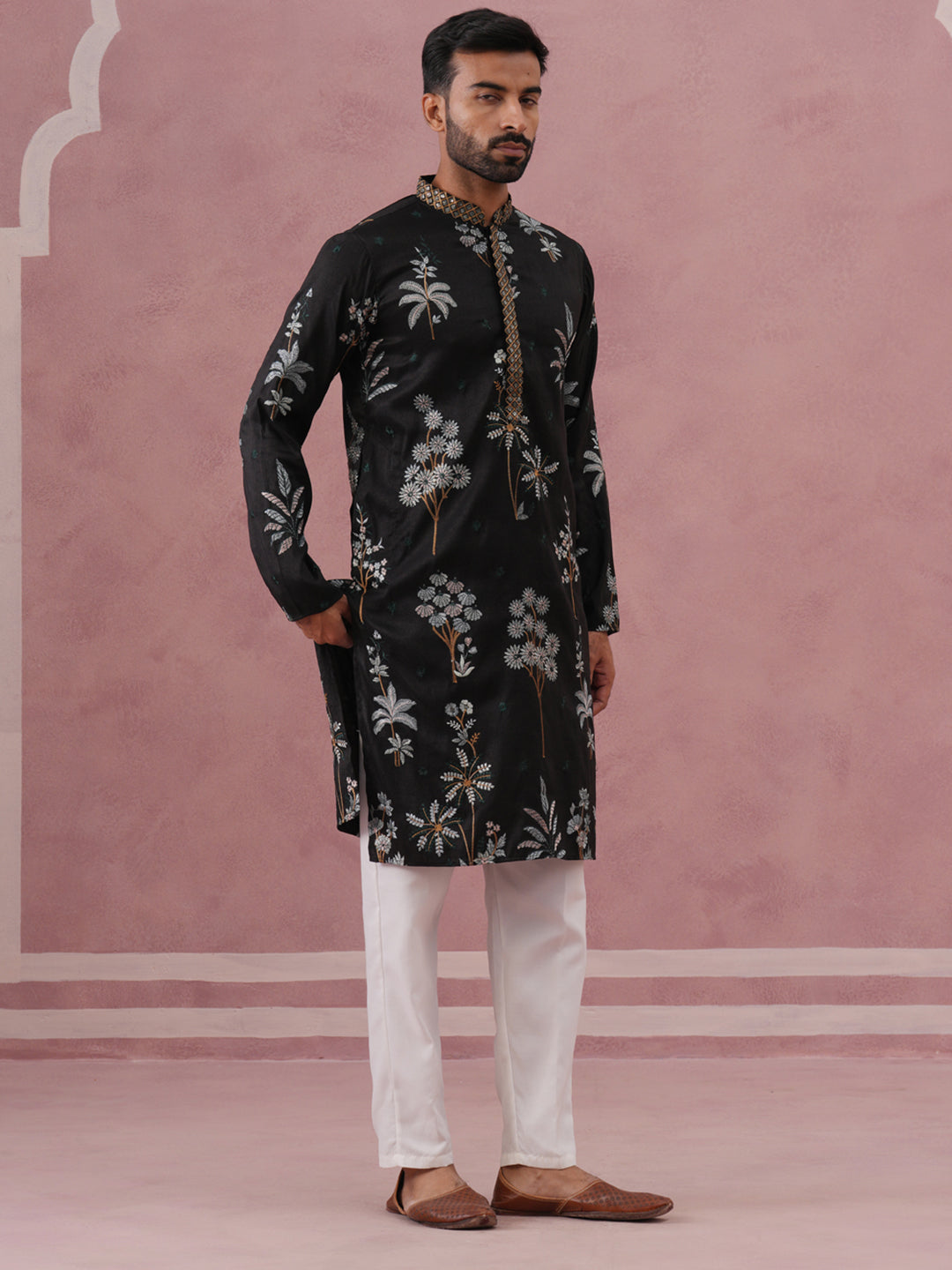 Botanical Embroidered Cotton Blend Kurta Set for Men (65KP P 5344 Black ) [FF] [Q-4]