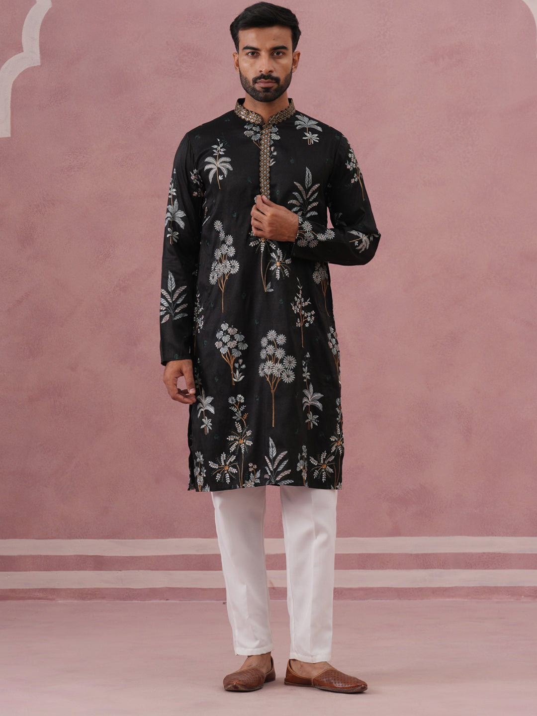 Botanical Embroidered Cotton Blend Kurta Set for Men (65KP P 5344 Black ) [FF] [Q-4]