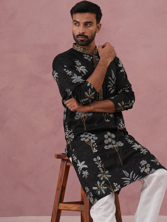 Botanical Embroidered Cotton Blend Kurta Set for Men (65KP P 5344 Black ) [FF] [Q-4]