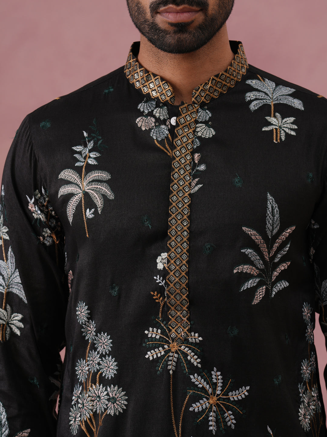 Botanical Embroidered Cotton Blend Kurta Set for Men (65KP P 5344 Black ) [FF] [Q-4]