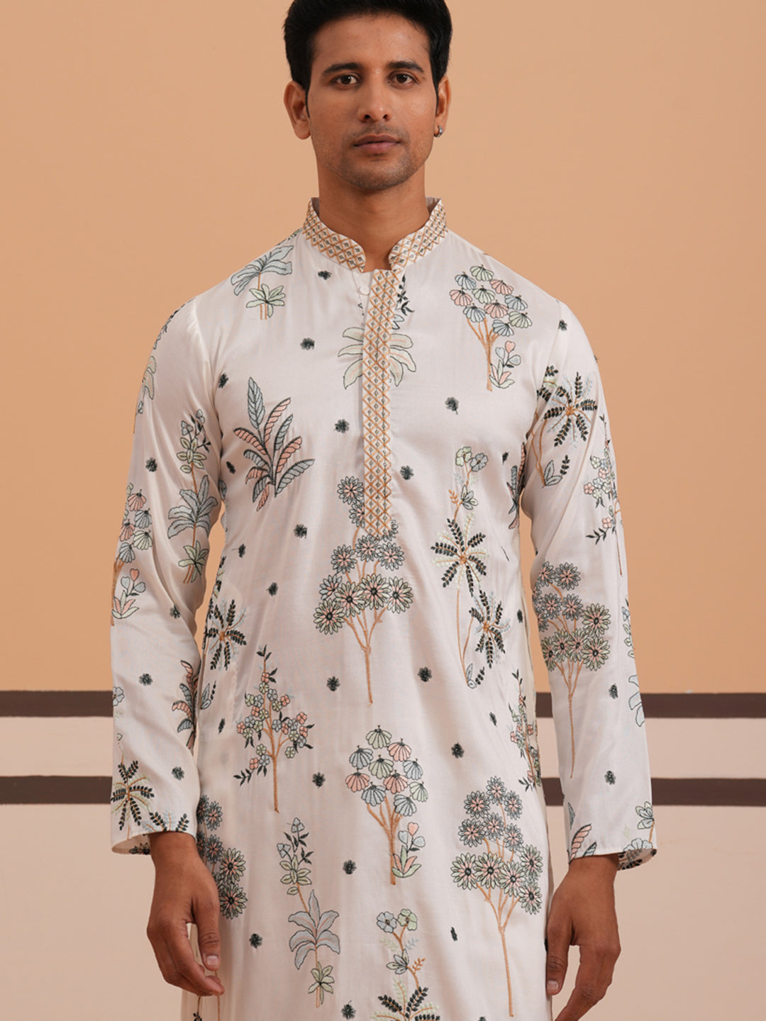 Botanical Embroidered Cotton Blend Kurta Set for Men (65KP P 5344 White ) [FF] [Q-4]