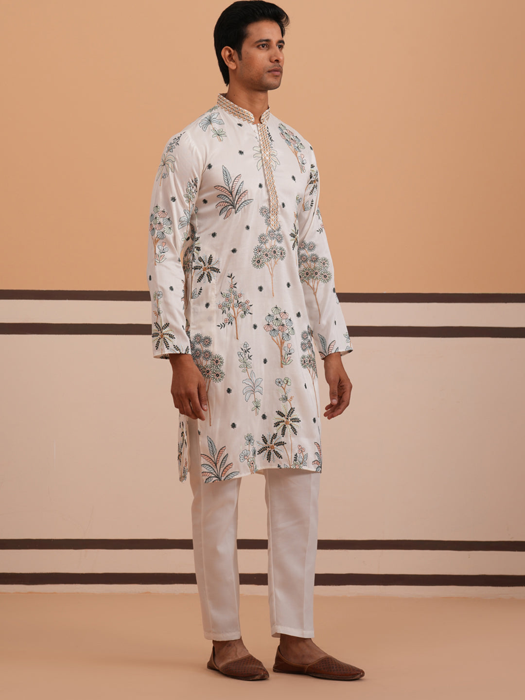 Botanical Embroidered Cotton Blend Kurta Set for Men (65KP P 5344 White ) [FF] [Q-4]