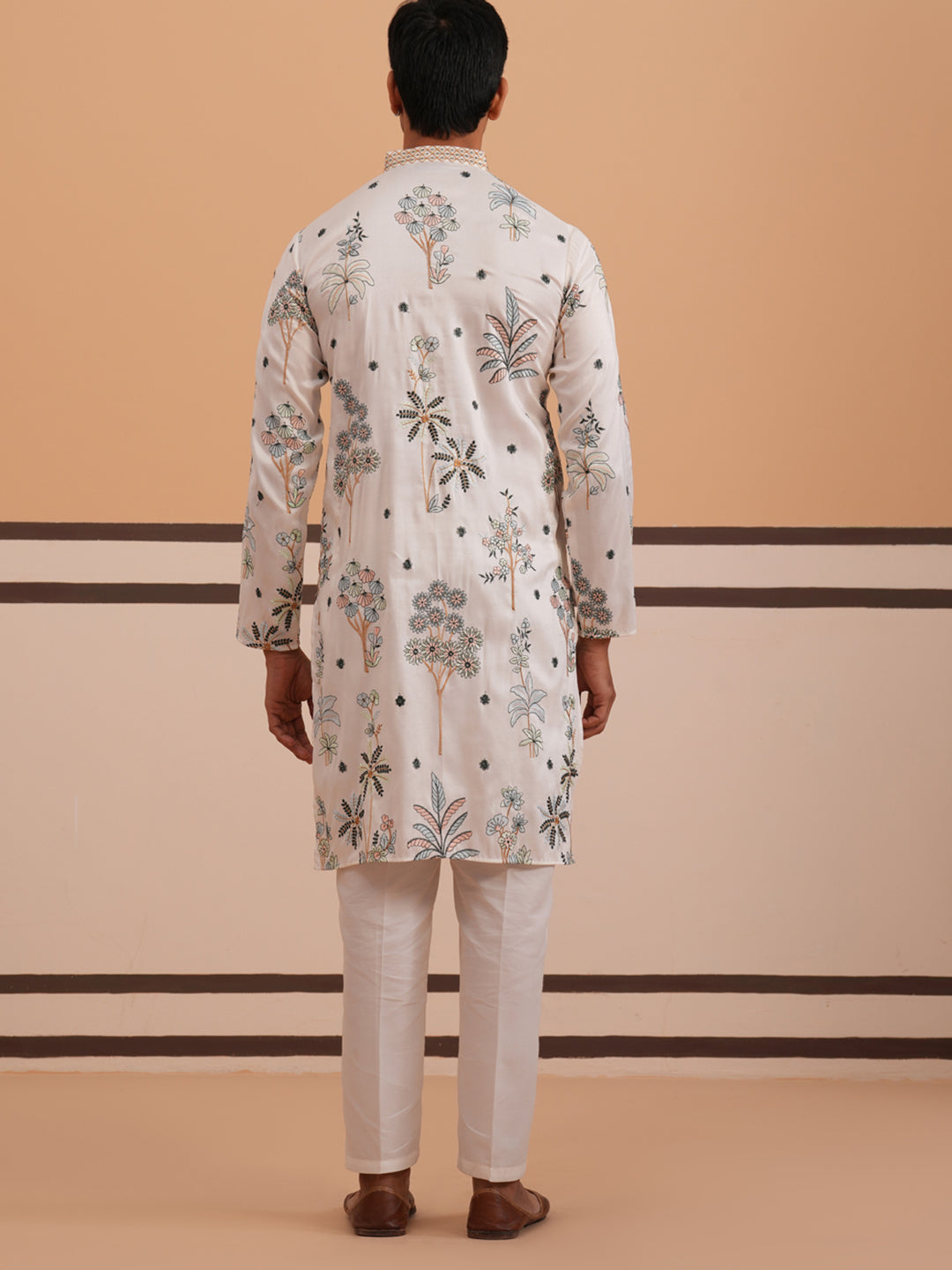 Botanical Embroidered Cotton Blend Kurta Set for Men (65KP P 5344 White ) [FF] [Q-4]