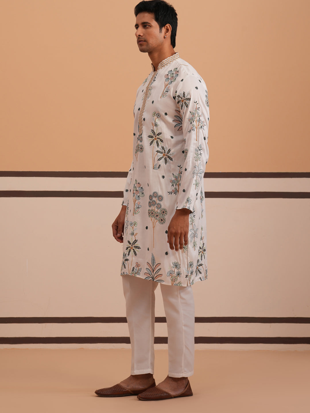 Botanical Embroidered Cotton Blend Kurta Set for Men (65KP P 5344 White ) [FF] [Q-4]