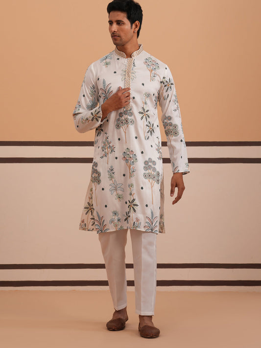 Botanical Embroidered Cotton Blend Kurta Set for Men (65KP P 5344 White ) [FF] [Q-4]