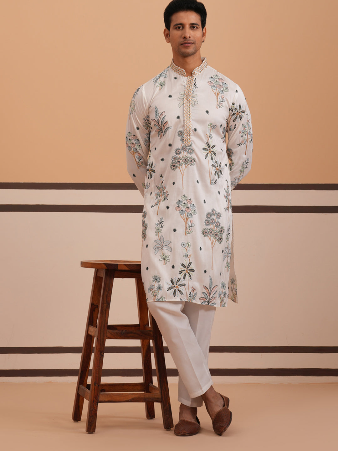 Botanical Embroidered Cotton Blend Kurta Set for Men (65KP P 5344 White ) [FF] [Q-4]