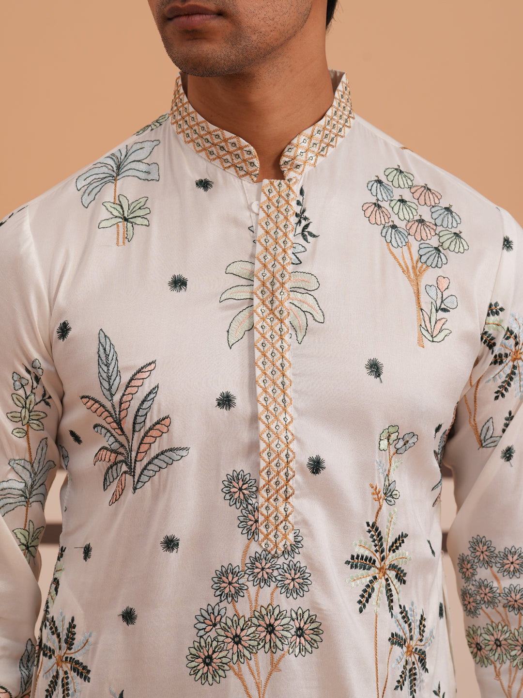 Botanical Embroidered Cotton Blend Kurta Set for Men (65KP P 5344 White ) [FF] [Q-4]
