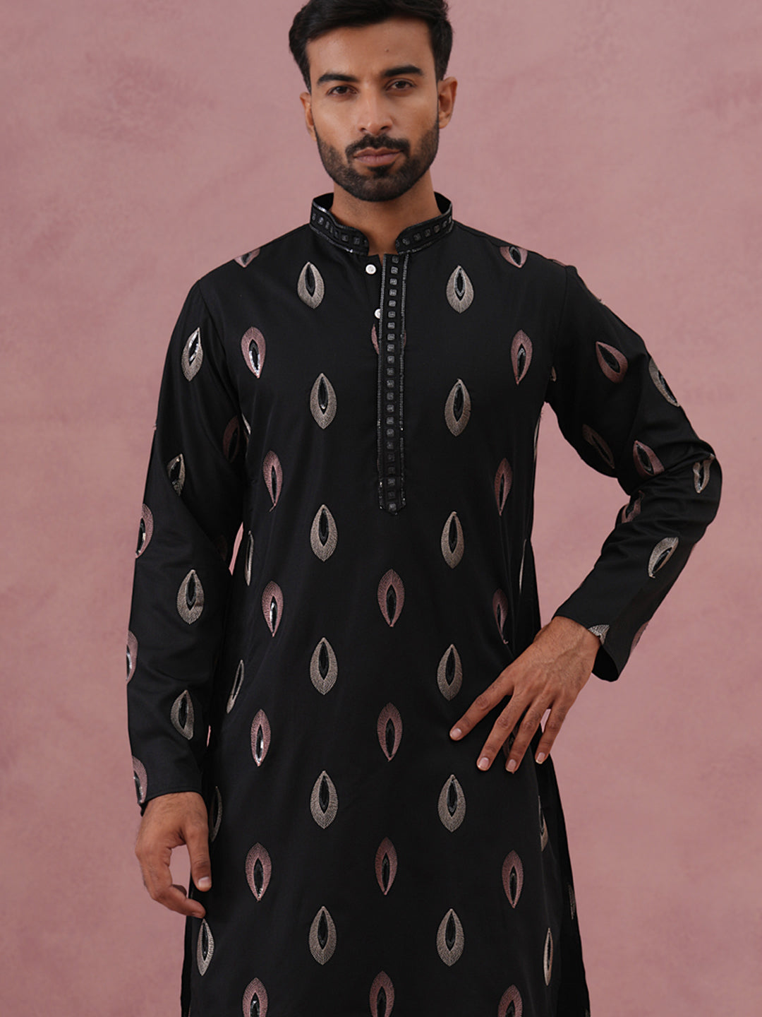 Festive Silk Blend Embroidered Kurta Set (65KP P 5346 Black ) [FF] [B-1-2]