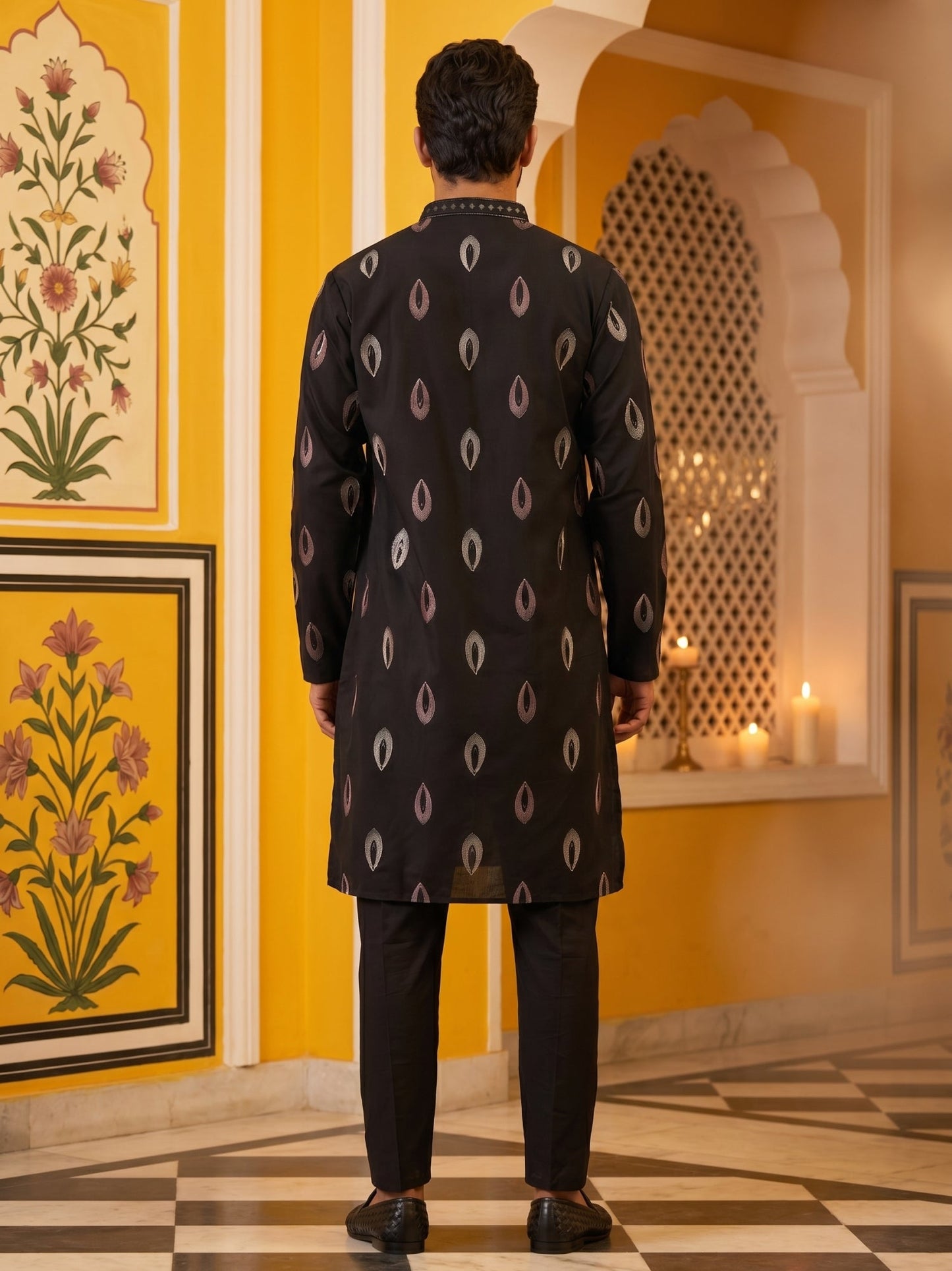 Festive Silk Blend Embroidered Kurta Set ( 65KP B-P 5346Black )