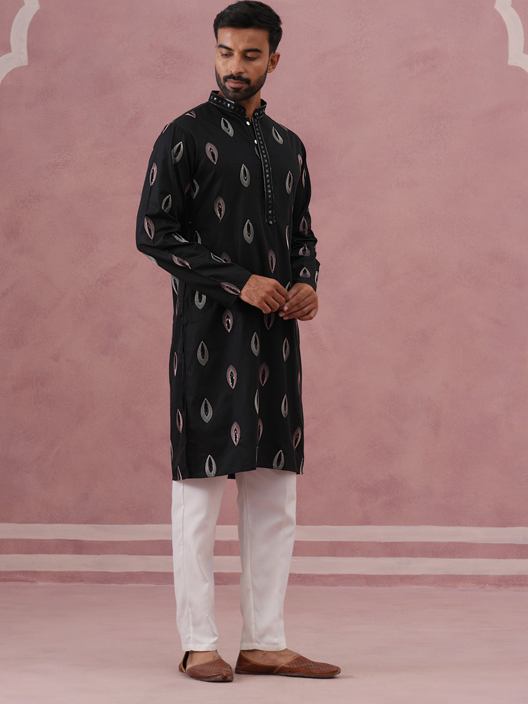 Festive Silk Blend Embroidered Kurta Set (65KP P 5346 Black ) [FF] [B-1-2]