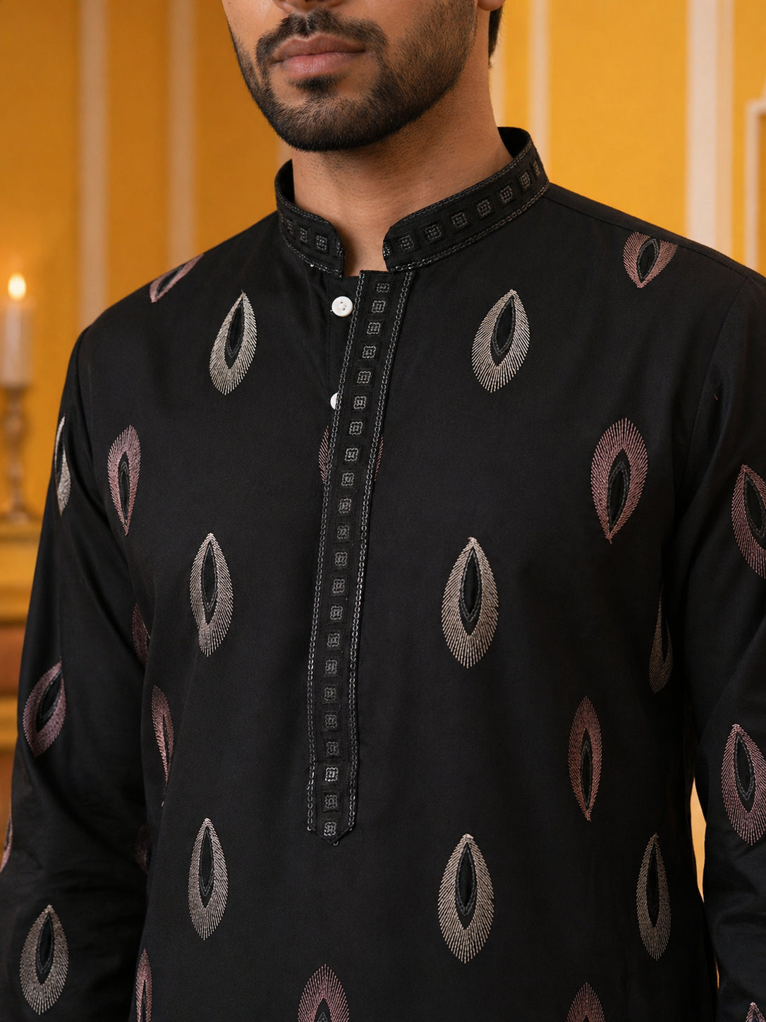 Festive Silk Blend Embroidered Kurta Set ( 65KP B-P 5346Black )