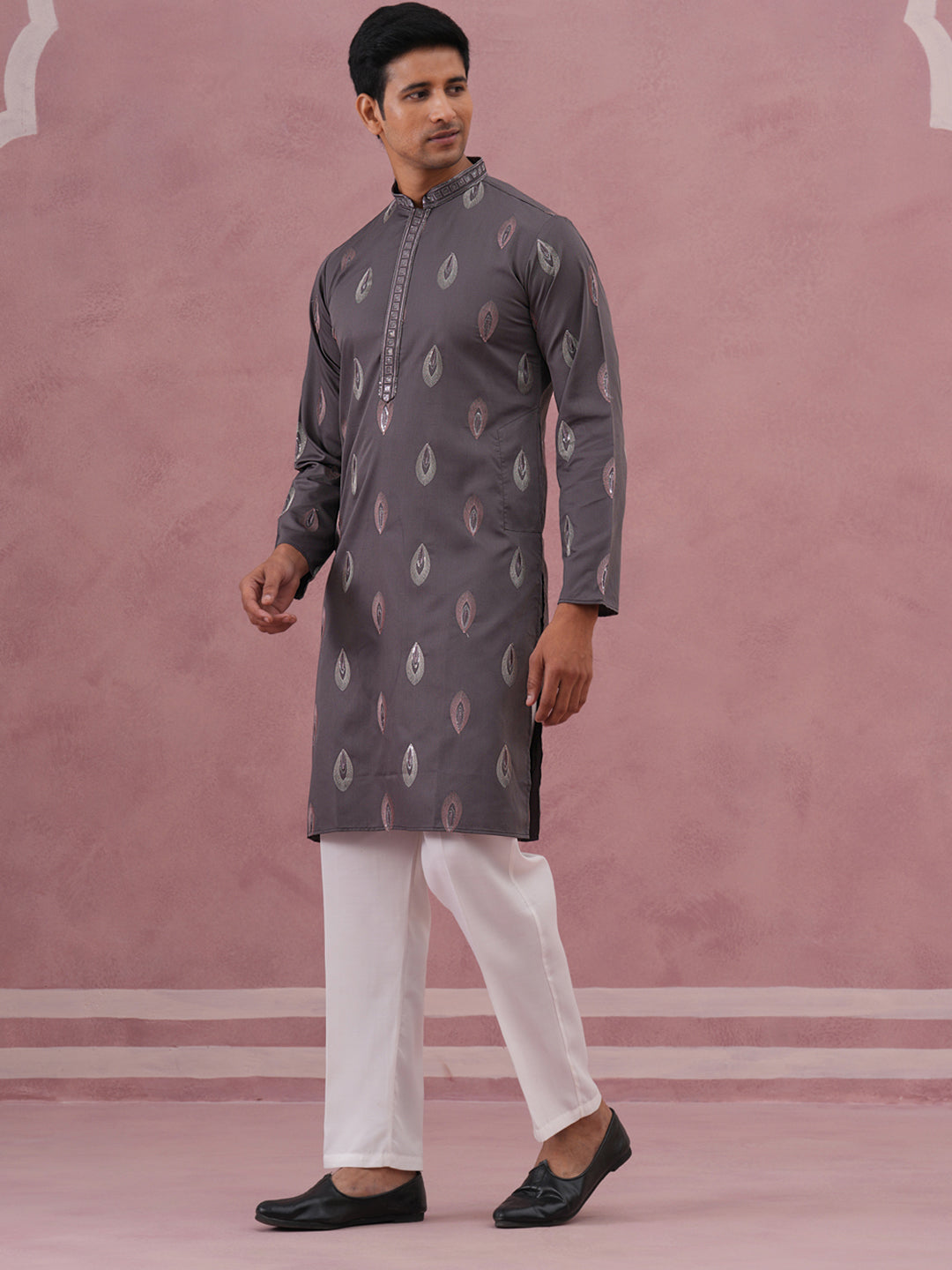 Festive Silk Blend Embroidered Kurta Set (65KP P 5346 Grey ) [FF] [B-1-2]