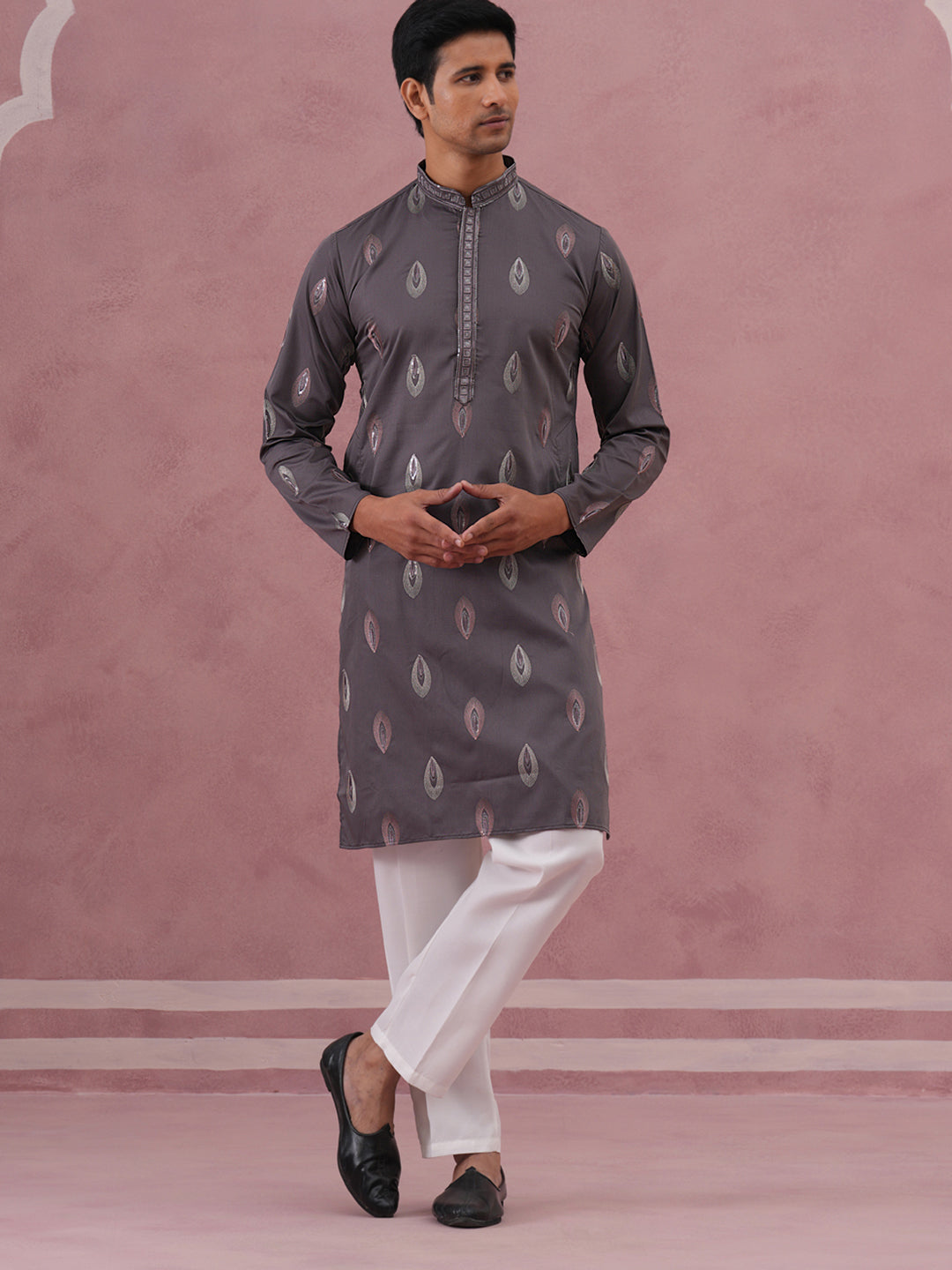 Festive Silk Blend Embroidered Kurta Set (65KP P 5346 Grey ) [FF] [B-1-2]