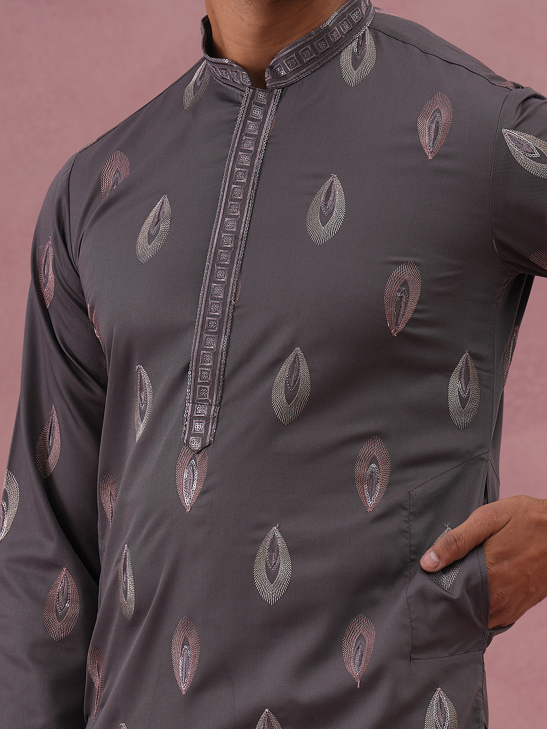 Festive Silk Blend Embroidered Kurta Set (65KP P 5346 Grey ) [FF] [B-1-2]