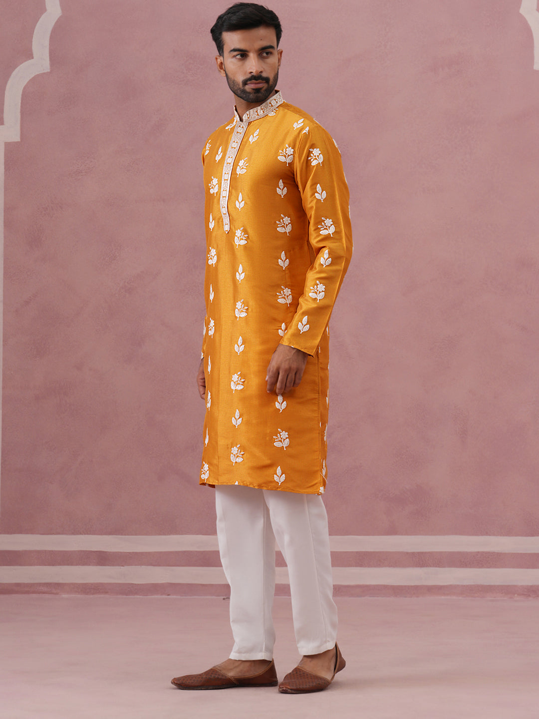 Men’s Embroidered Silk Blend Kurta Pyjama ( 65KP P 5347 P 5347Mustard ) [FF] [B-1-2]