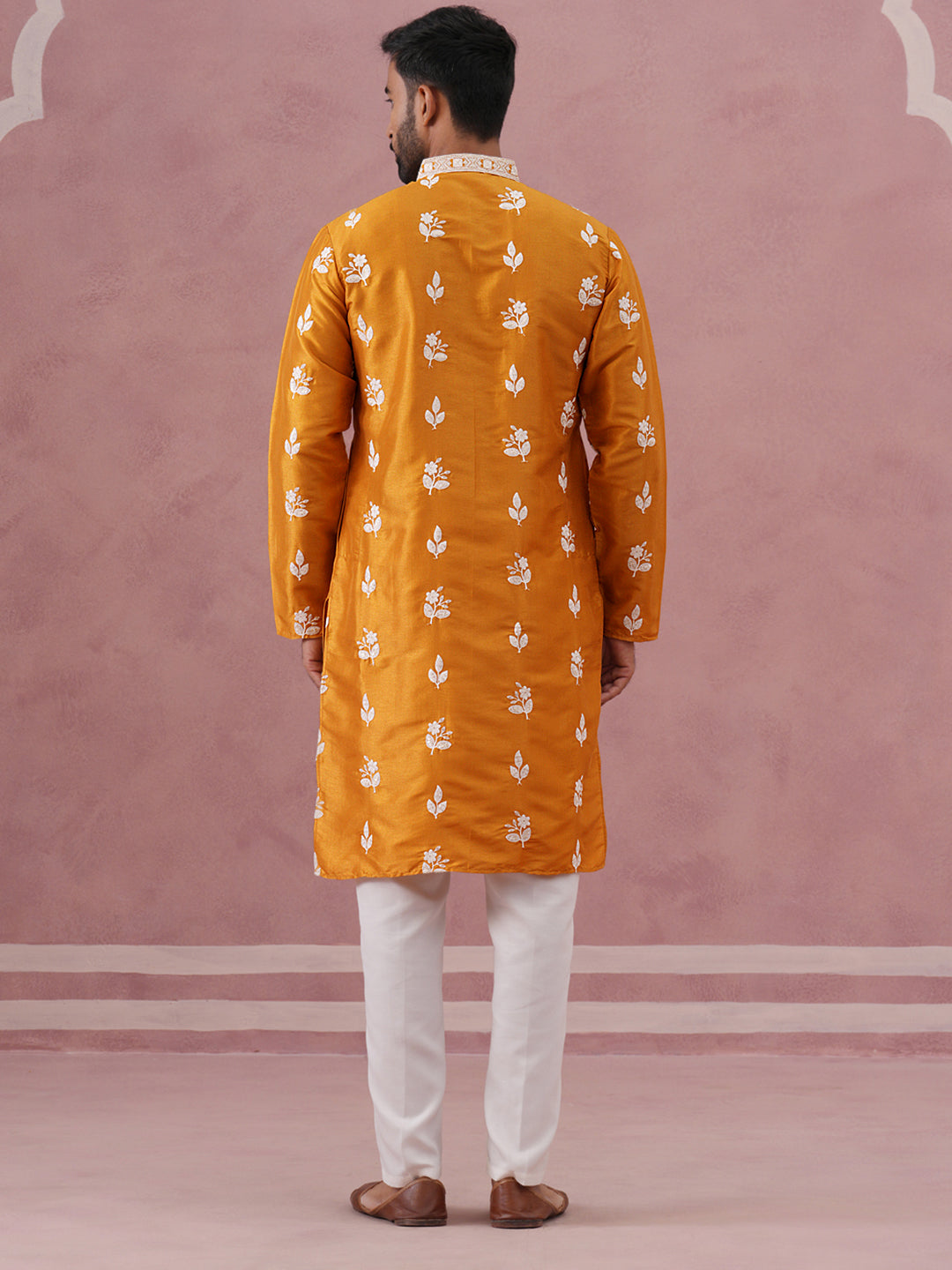 Men’s Embroidered Silk Blend Kurta Pyjama ( 65KP P 5347 P 5347Mustard ) [FF] [B-1-2]