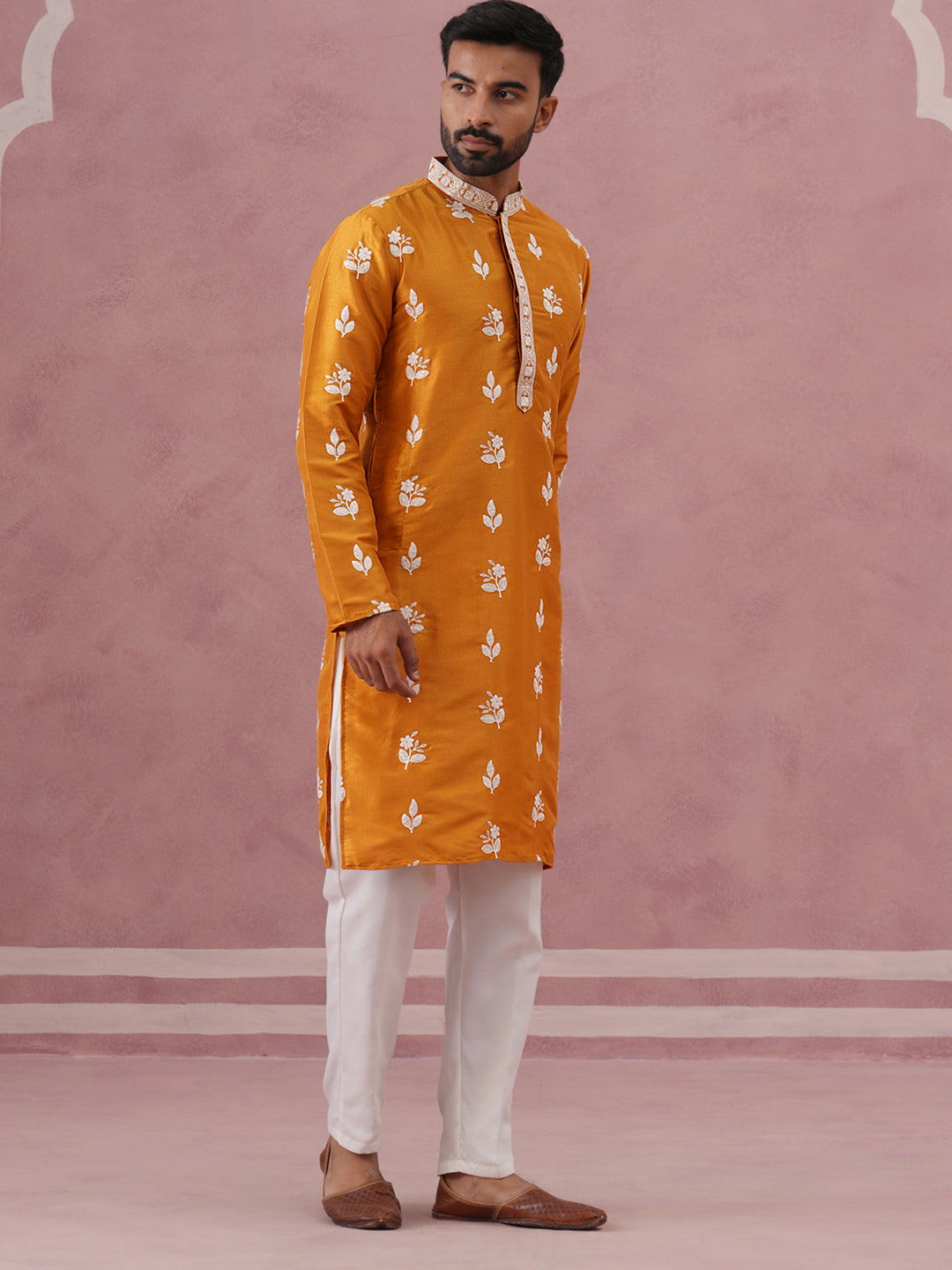 Men’s Embroidered Silk Blend Kurta Pyjama ( 65KP P 5347 P 5347Mustard ) [FF] [B-1-2]
