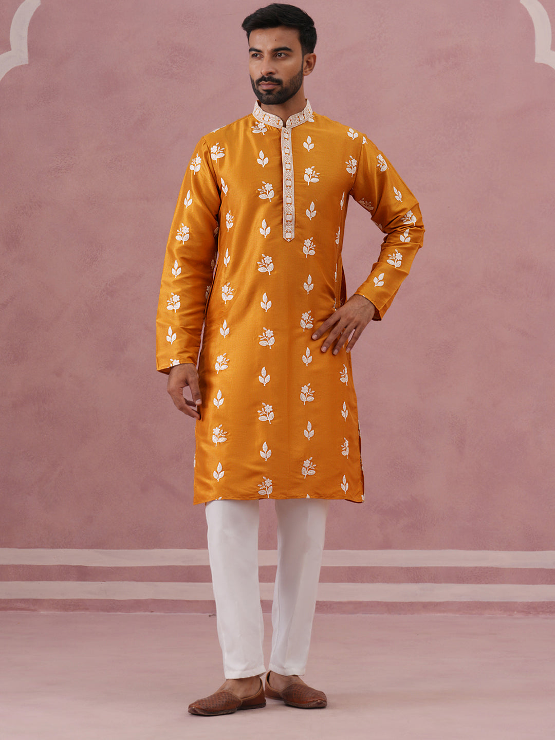 Men’s Embroidered Silk Blend Kurta Pyjama ( 65KP P 5347 P 5347Mustard ) [FF] [B-1-2]