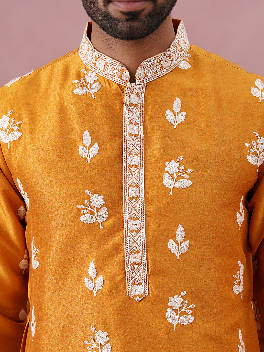 Men’s Embroidered Silk Blend Kurta Pyjama ( 65KP P 5347 P 5347Mustard ) [FF] [B-1-2]