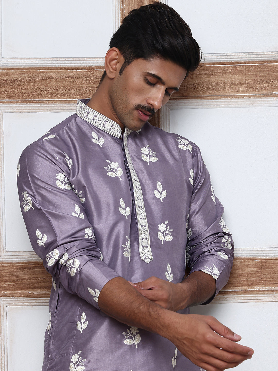 Men’s Embroidered Silk Blend Kurta Pyjama (65KP P 5347 Purple ) [FF] [B-1-2]
