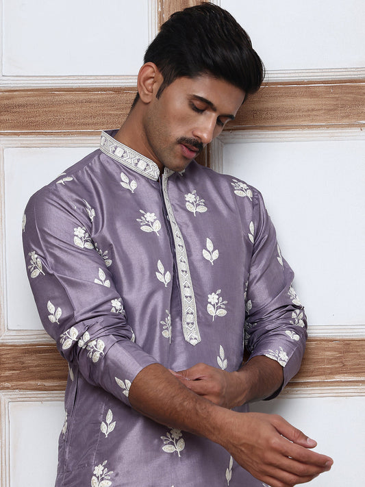 Men’s Embroidered Silk Blend Kurta Pyjama (65KP P 5347 Purple ) [FF] [B-1-2]