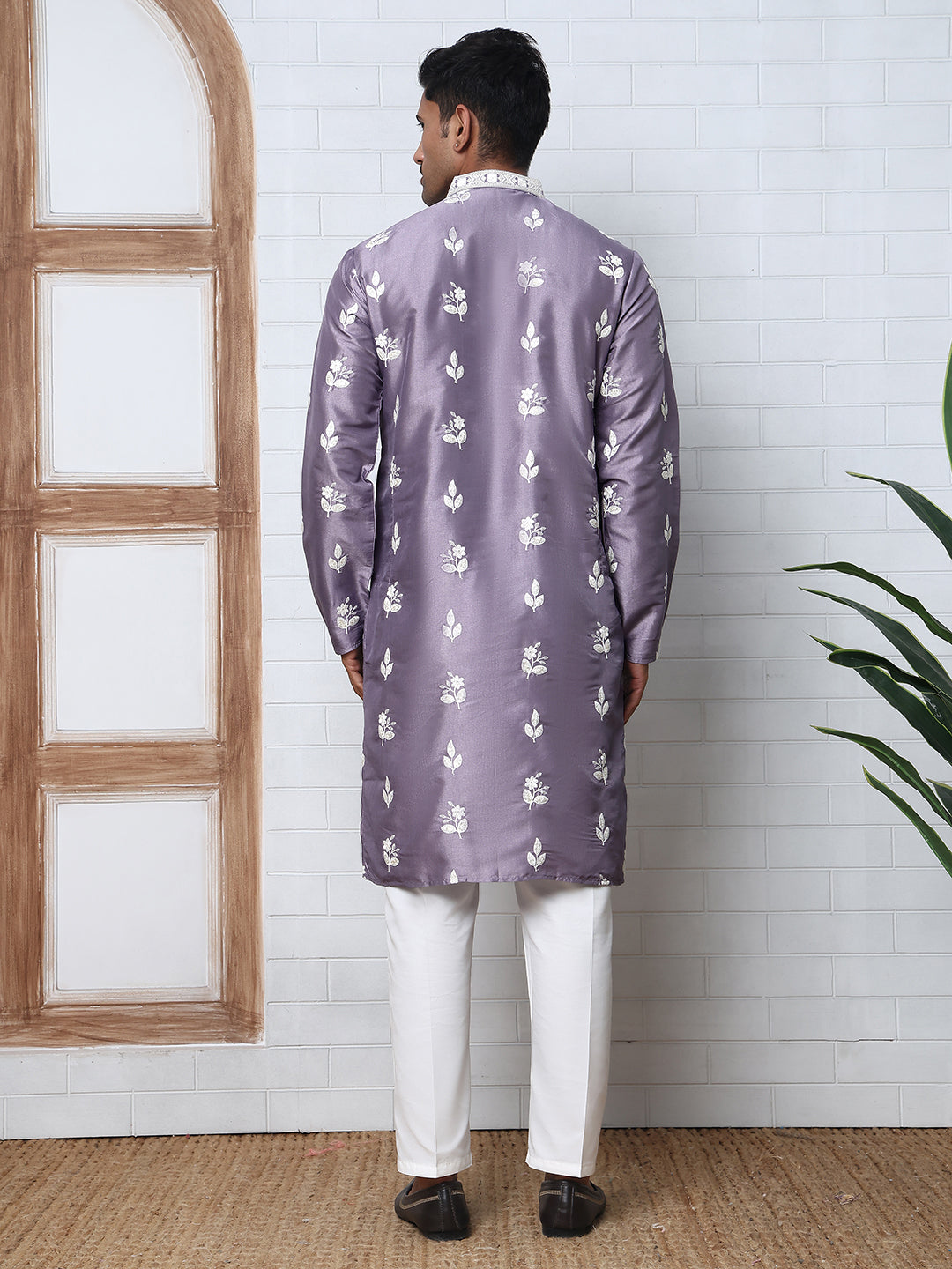 Men’s Embroidered Silk Blend Kurta Pyjama (65KP P 5347 Purple ) [FF] [B-1-2]