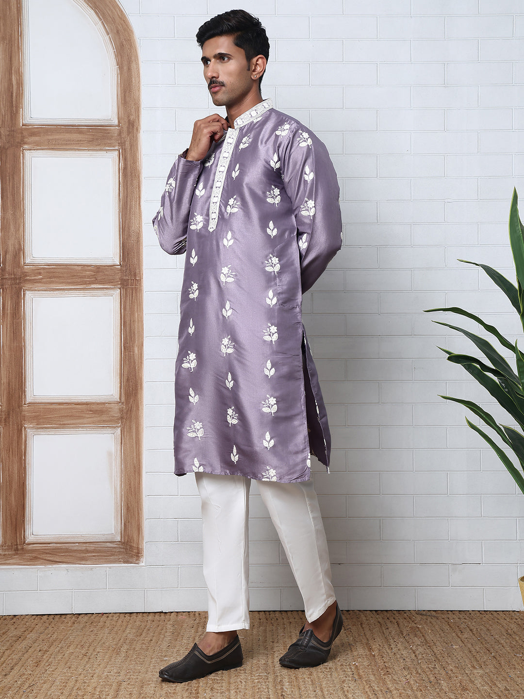 Men’s Embroidered Silk Blend Kurta Pyjama (65KP P 5347 Purple ) [FF] [B-1-2]