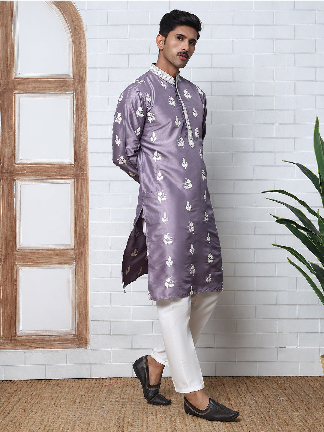 Men’s Embroidered Silk Blend Kurta Pyjama (65KP P 5347 Purple ) [FF] [B-1-2]