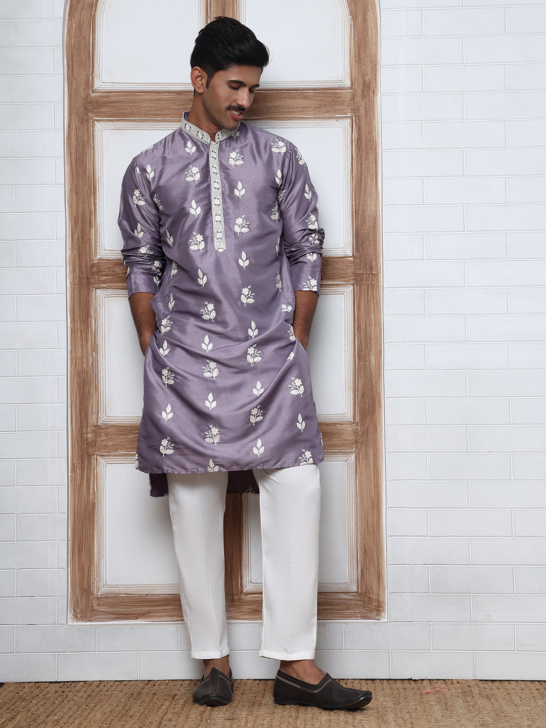 Men’s Embroidered Silk Blend Kurta Pyjama (65KP P 5347 Purple ) [FF] [B-1-2]