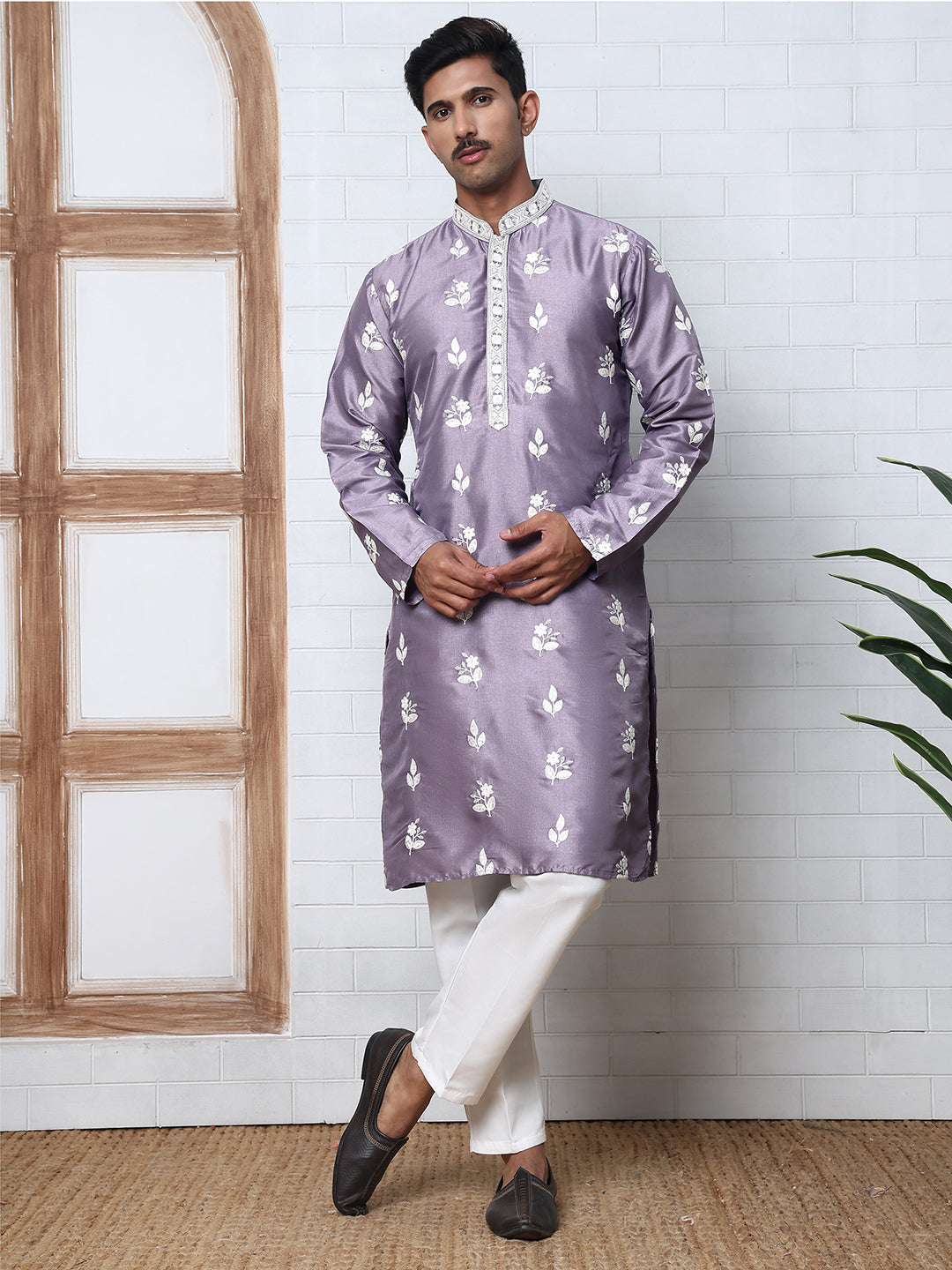 Men’s Embroidered Silk Blend Kurta Pyjama (65KP P 5347 Purple ) [FF] [B-1-2]