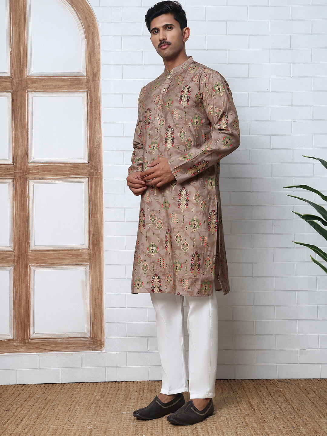 Traditional Foil Printed Kurta Pyjama for Men (65KP P 5348 Brown ) [FF] [D-1]