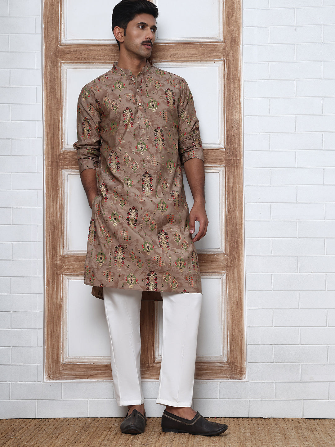Traditional Foil Printed Kurta Pyjama for Men (65KP P 5348 Brown ) [FF] [D-1]