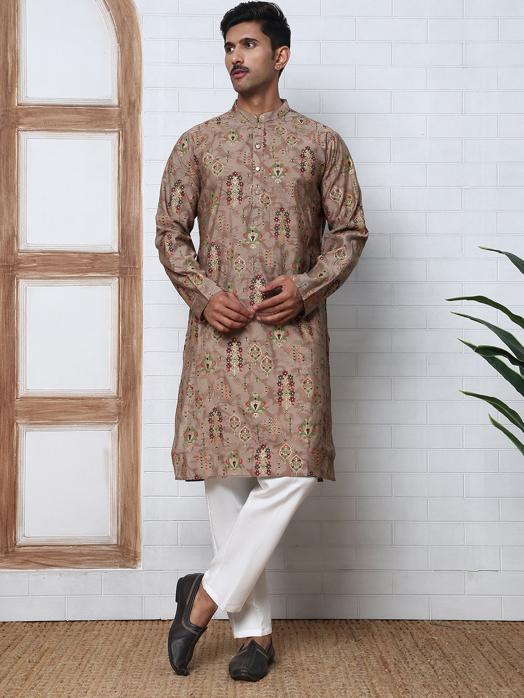 Traditional Foil Printed Kurta Pyjama for Men (65KP P 5348 Brown ) [FF] [D-1]