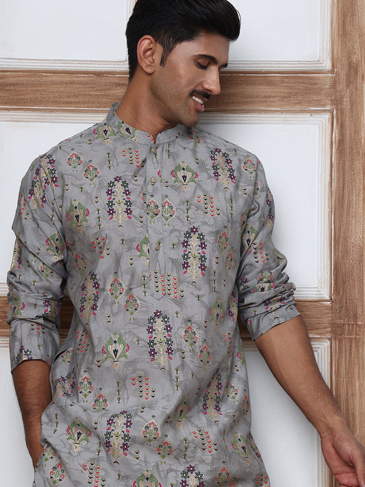 Traditional Foil Printed Kurta Pyjama for Men (65KP P 5348 Grey ) [FF] [D-1]
