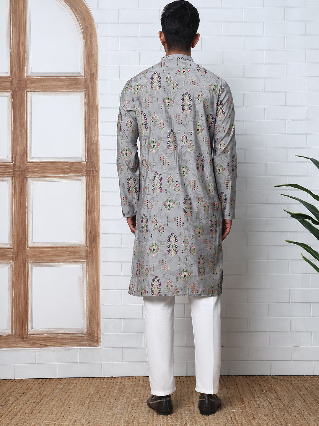 Traditional Foil Printed Kurta Pyjama for Men (65KP P 5348 Grey ) [FF] [D-1]