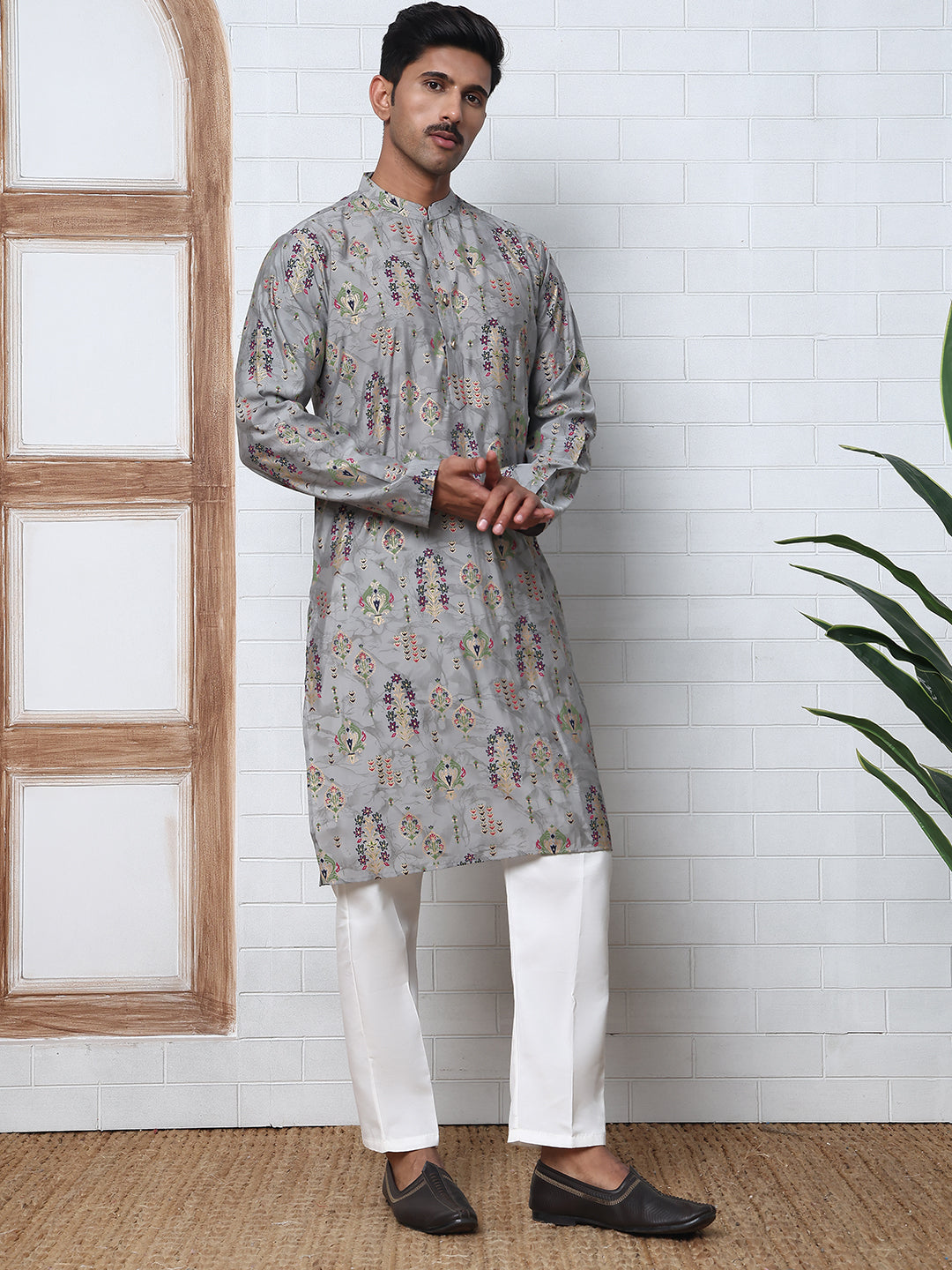 Traditional Foil Printed Kurta Pyjama for Men (65KP P 5348 Grey ) [FF] [D-1]