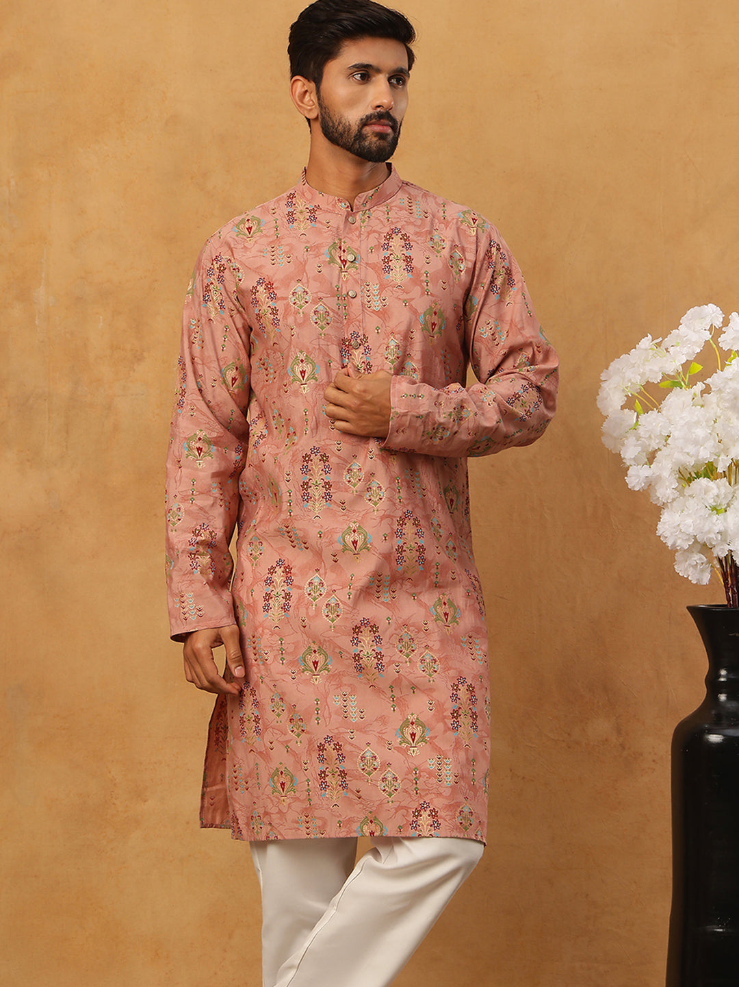 Traditional Foil Printed Kurta Pyjama for Men (65KP 5348 Peach ) [FF] [D-1]