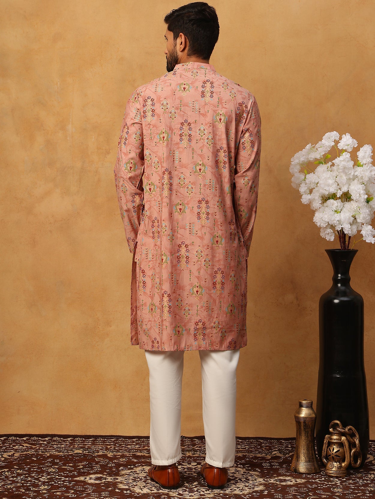 Traditional Foil Printed Kurta Pyjama for Men (65KP 5348 Peach ) [FF] [D-1]