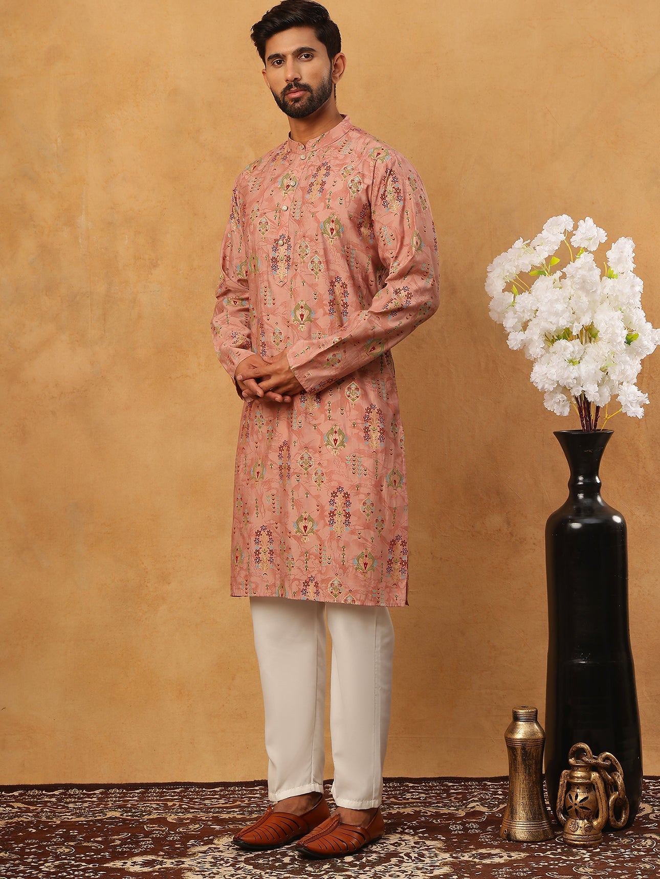 Traditional Foil Printed Kurta Pyjama for Men (65KP 5348 Peach ) [FF] [D-1]