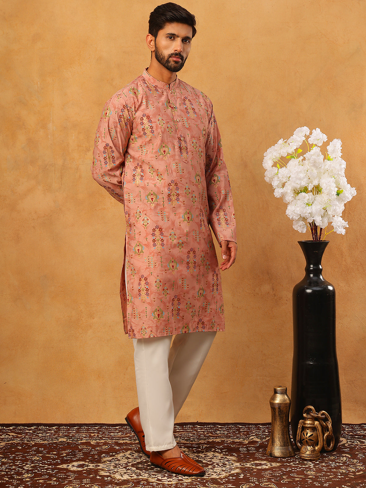 Traditional Foil Printed Kurta Pyjama for Men (65KP 5348 Peach ) [FF] [D-1]