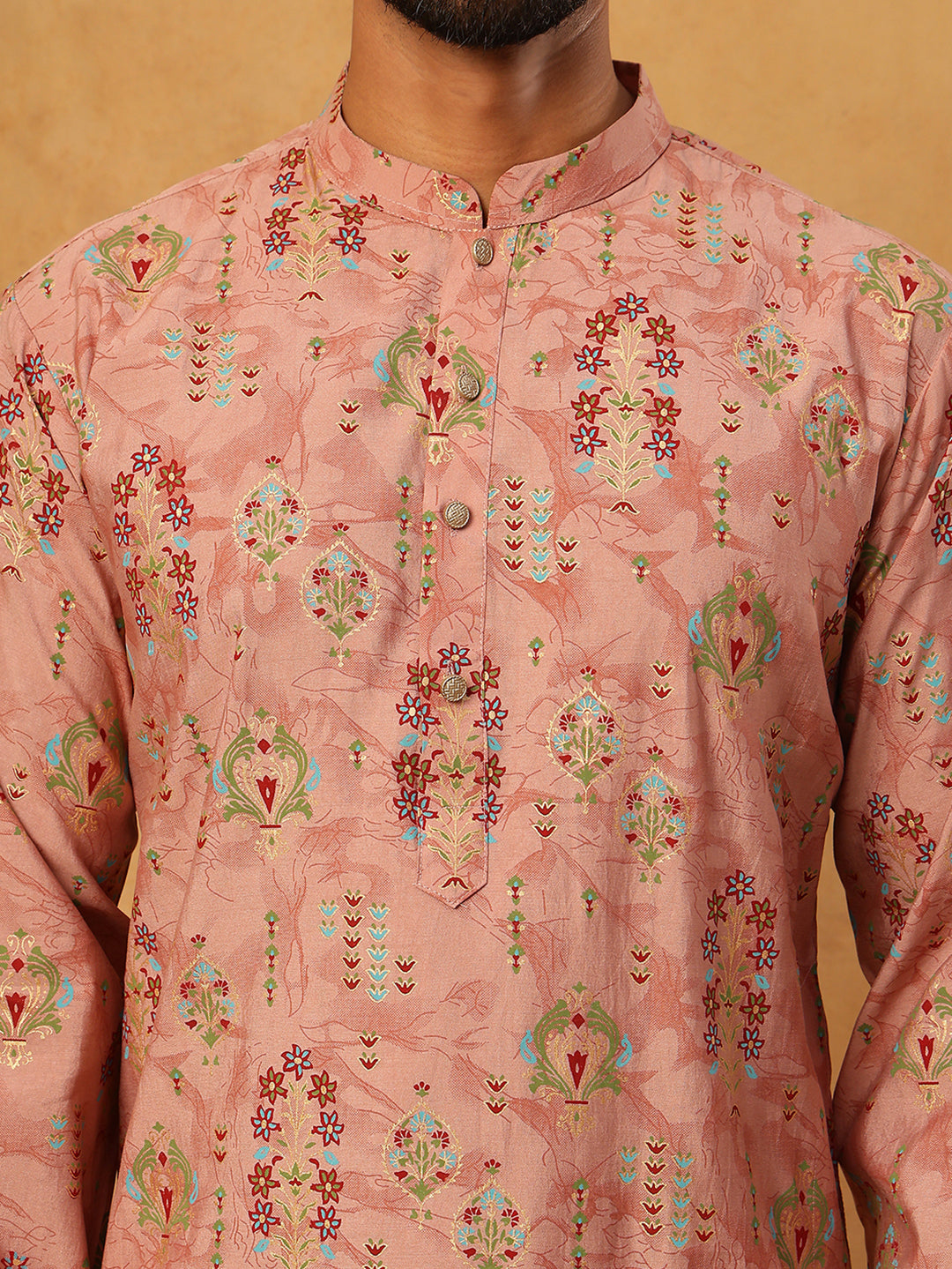 Traditional Foil Printed Kurta Pyjama for Men (65KP 5348 Peach ) [FF] [D-1]