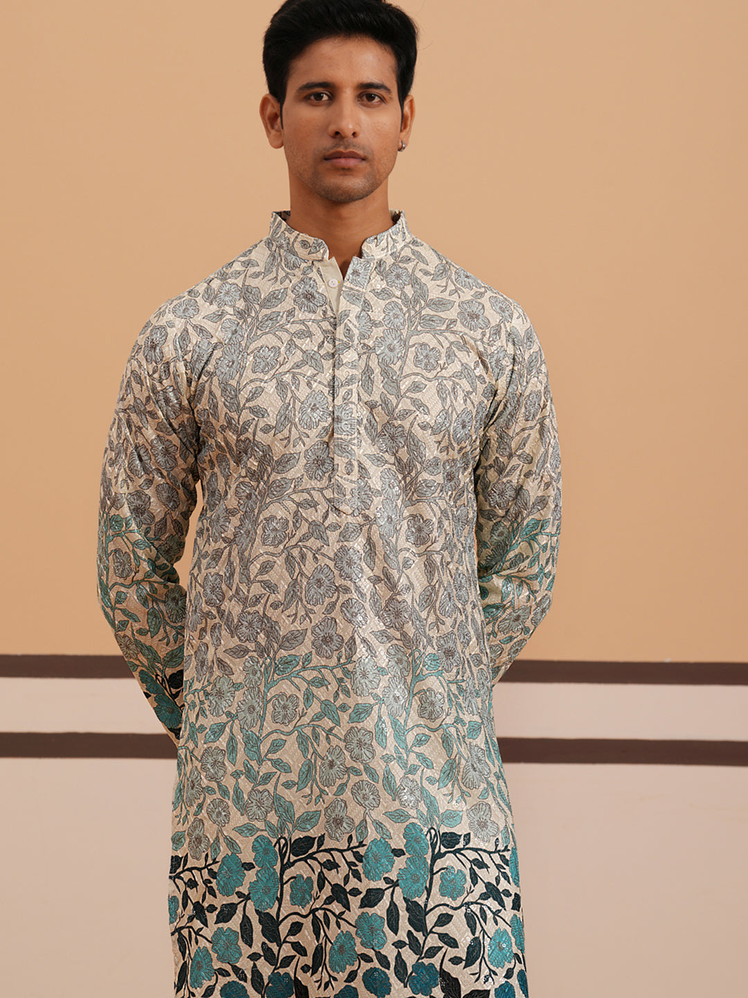 Men’s Printed Kurta Pyjama with Embroidered Detailing (65KP P 5349 Blue ) [FF] [Q-12-13]