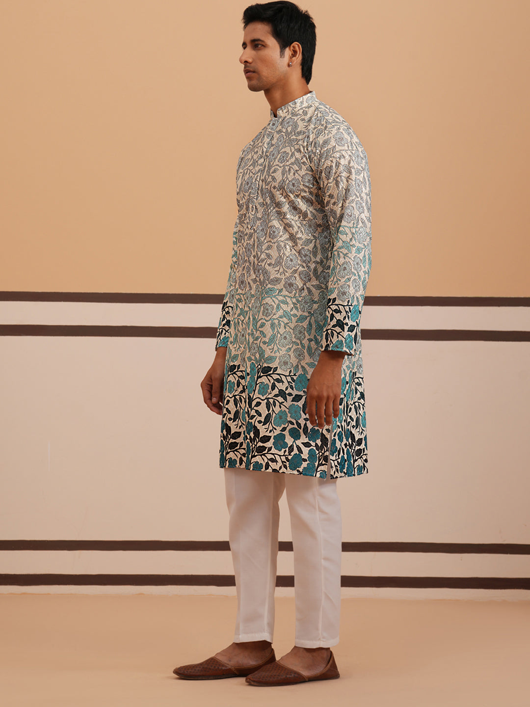 Men’s Printed Kurta Pyjama with Embroidered Detailing (65KP P 5349 Blue ) [FF] [Q-12-13]
