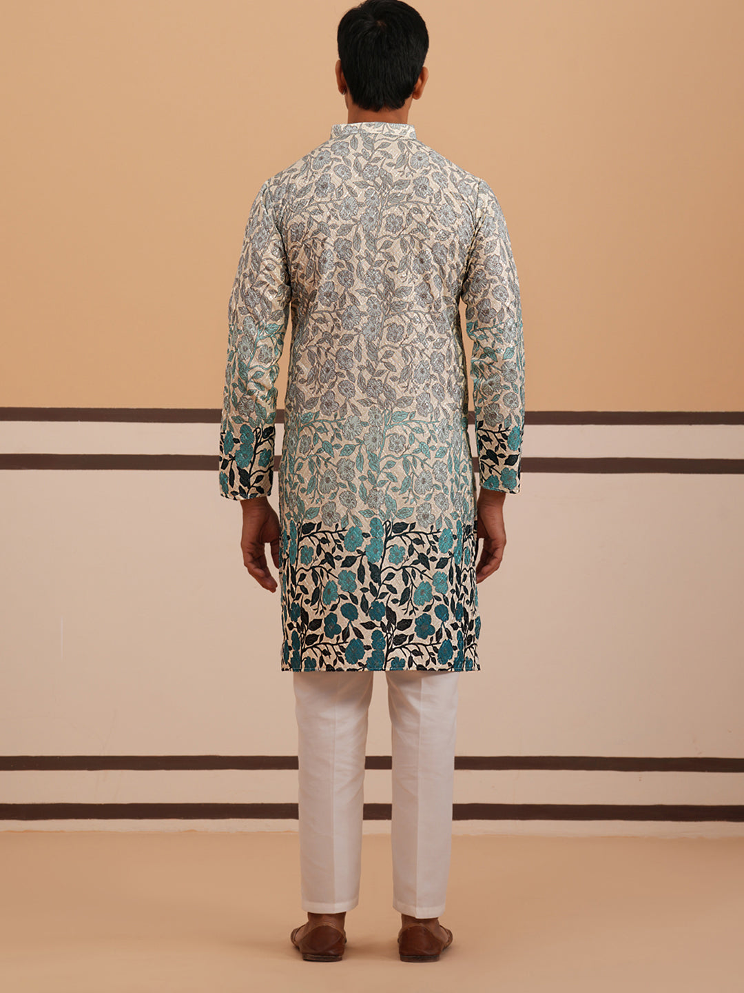 Men’s Printed Kurta Pyjama with Embroidered Detailing (65KP P 5349 Blue ) [FF] [Q-12-13]