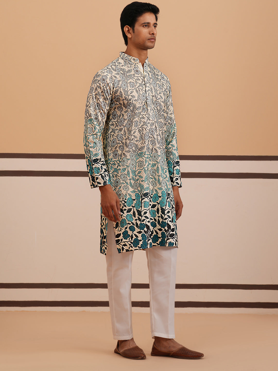 Men’s Printed Kurta Pyjama with Embroidered Detailing (65KP P 5349 Blue ) [FF] [Q-12-13]