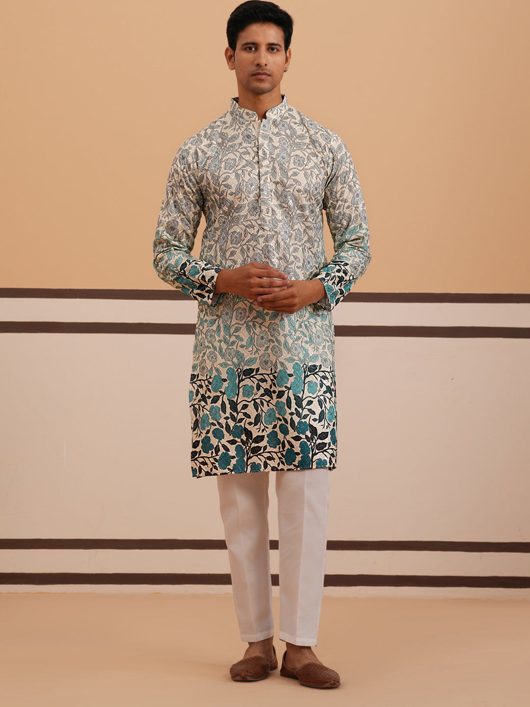 Men’s Printed Kurta Pyjama with Embroidered Detailing (65KP P 5349 Blue ) [FF] [Q-12-13]